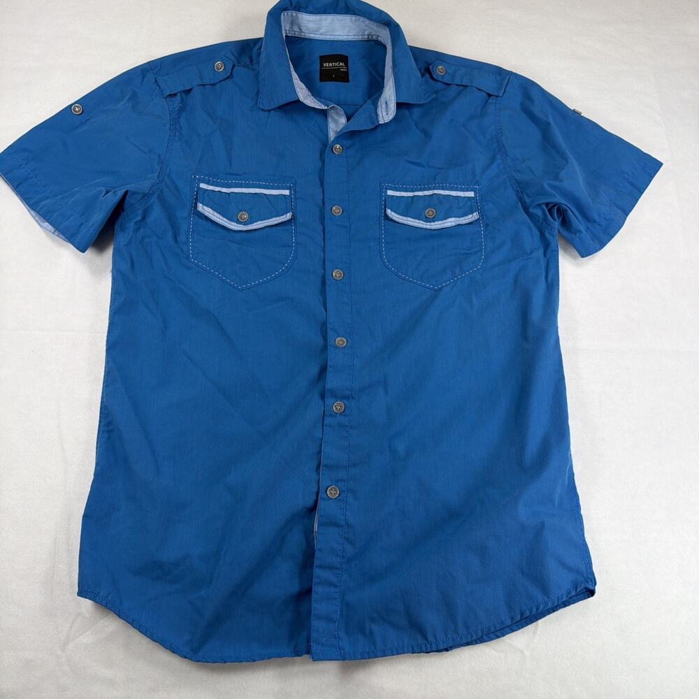 Vertical Sport Mens Size L Blue Short Sleeve Button Up Shirt Contrast Trim
